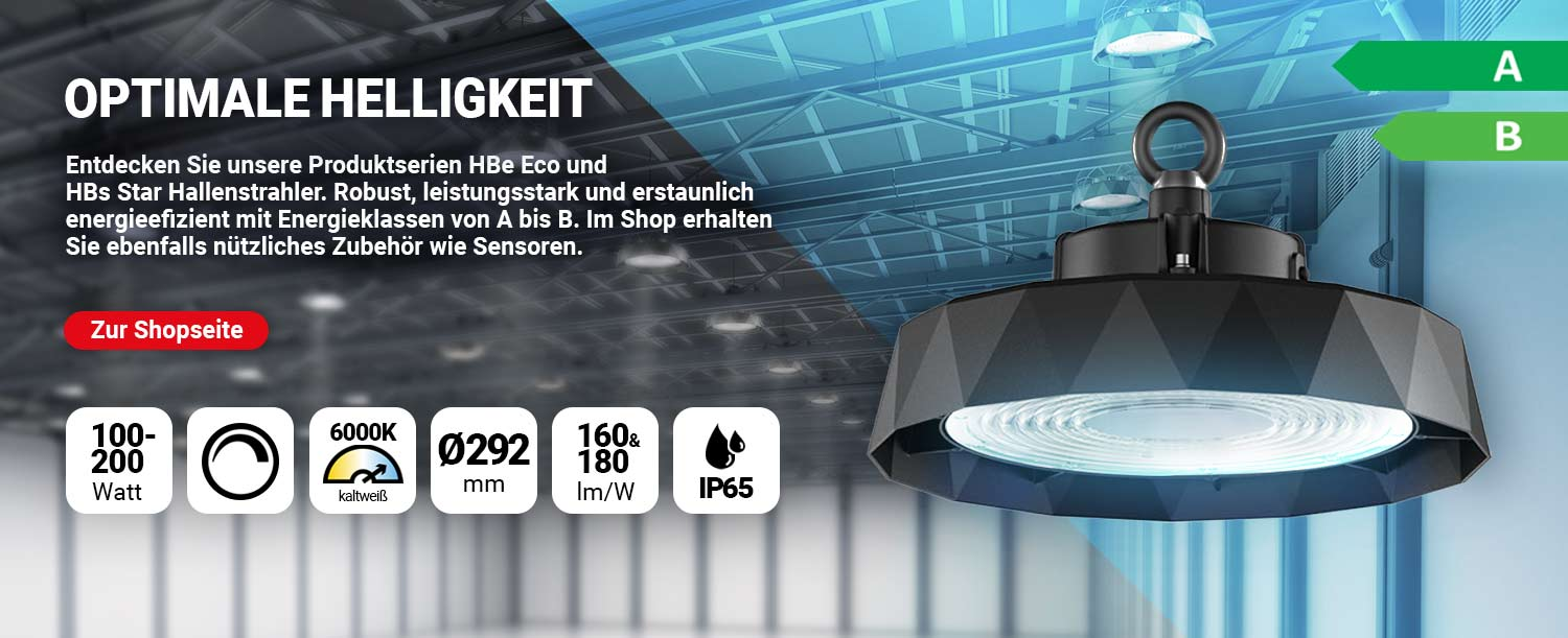 Hallenstrahler, 160 und 180 Lumen, dimmbar, IP65, 100 Watt, 150 Watt, 200 Watt