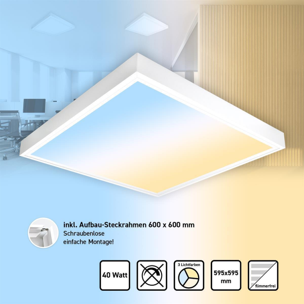 LED Panel 60x60cm 3000K-4000K-6000K 40W Lichtfarbe umschaltbar flickerfrei Aufbaurahmen PLs3.0