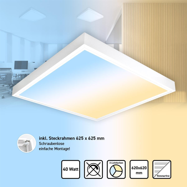 LED Panel 62x62 3000k-4000K-6000K 3CCT Aufbaurahmen Alu weiß Montage schraublos