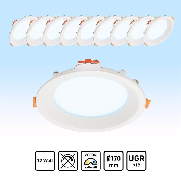 10x LED Einbaustrahler Tageslichtweiß 6000K 12W UGR19 blendarm rund weiß Ø170mm PLm