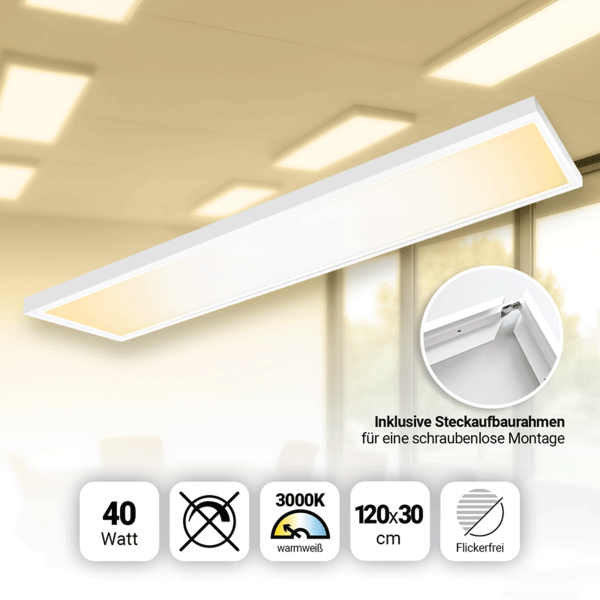 LED Panel 120x30 cm Warmweiß 3000K 40W Steck-Aufbaurahmen PLe2.2