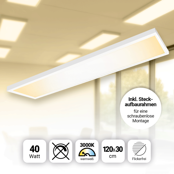 LED Panel 120x30 cm Warmweiß 3000K 40W Steck-Aufbaurahmen PLe2.2