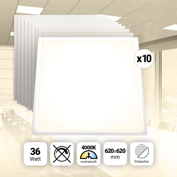 AKTION! 10x LED Panel 62x62 Neutralweiß 4000K 36W 4320lm SLim Alu PLs3.0