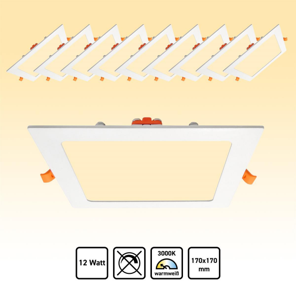 10x LED Panel eckig Einbaustrahler 12W Einbauspot Warmweiß 170x170 AC230V weiß