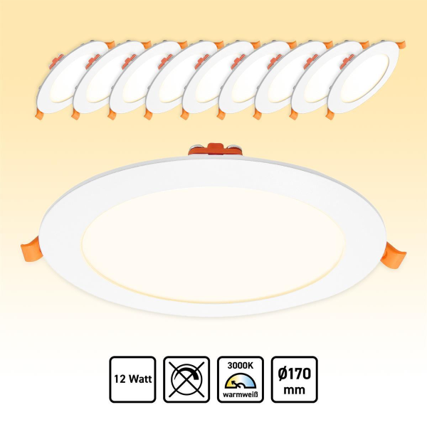 10x LED Einbaupanel Warmweiß 3000K 12W Einbaustrahler Ø170mm PLm