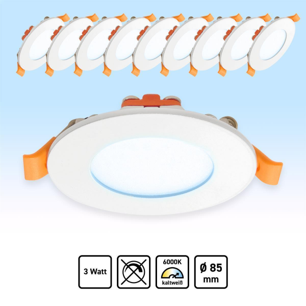 10x LED Panel Rund Einbaustrahler 3W Einbauspot Kaltweiß Ø85mm AC230V weiß