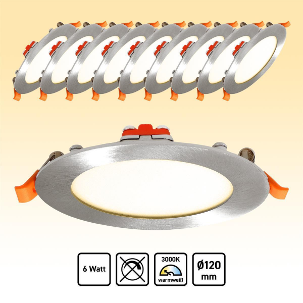 10x LED Panel Rund Einbaustrahler Einbauspot Warmweiß Ø120mm AC230V silber 6W