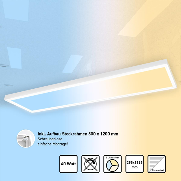 LED Panel 120x30 3CCT 3000K-4000K-6000K 40W Steck-Aufbaurahmen PLs 3.0