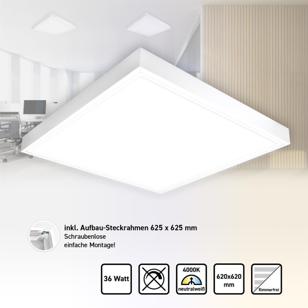 LED Panel 62x62 Neutralweiß 4000K 36W Steck Aufbaurahmen 4320lm Deckenleuchte PMMA ENEC