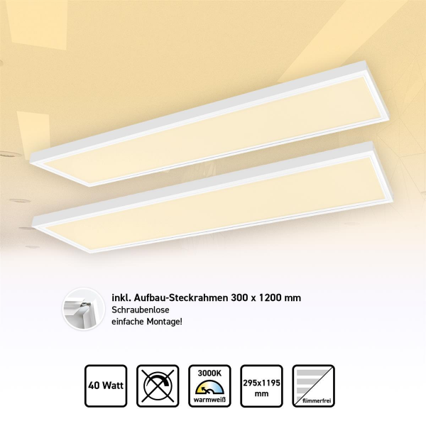 2x Xtend LED Panel 120x30 Warmweiß 40W 3000K PMMA ENEC Aufputz Montagerahmen