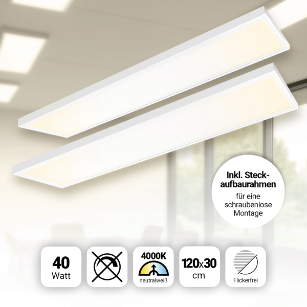 2x LED Panel 120x30 Neutralweiß 4000K 40W Steck-Aufbaurahmen PLe2.2