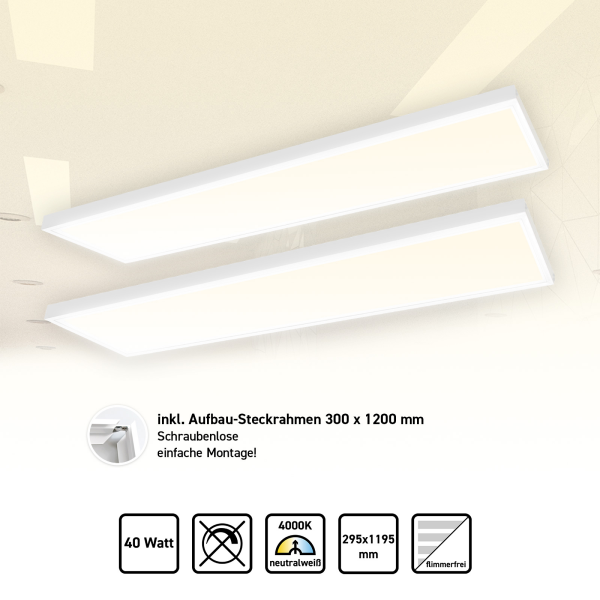 2x LED Panel 120x30 Neutralweiß 4000K 40W Steck-Aufbaurahmen PLe2.2