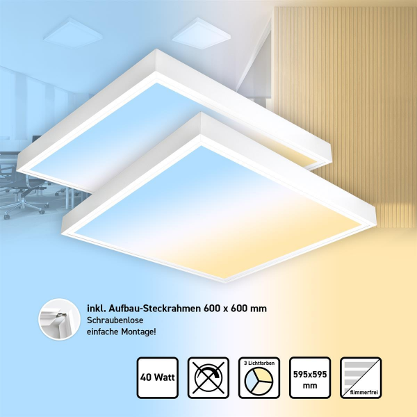 2 x LED Panel 60x60 3CCT 3000K-4000K-6000K 40W Steck-Aufbaurahmen PLs3.0