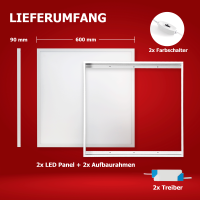 2 x LED Panel 60x60 3CCT 3000K-4000K-6000K 40W Steck-Aufbaurahmen PLs3.0