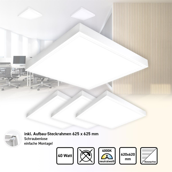 4x LED Panel 62x62 Neutralweiß 4000K 40W Steck-Aufbaurahmen PLe2.2