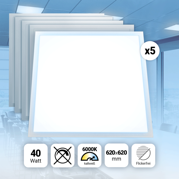 5x LED Panel 62x62 Tageslichtweiß 6000K 40W Slim Design Alu PLe2.2
