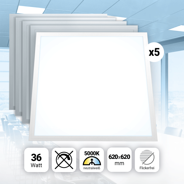 5x LED Panel 62x62 Neutralweiß 5000K 36W 4320lm Slim Alu PLs3.0
