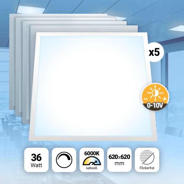 5x LED Panel 62x62 Tageslichtweiß 6000K 36W dimmbar 0-10V Slim Alu PLs3.0
