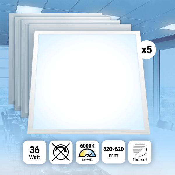 AKTION! AKTION! 5x LED Panel 62x62 Tageslichtweiß 6000K 36W Slim Alu PLs3.0