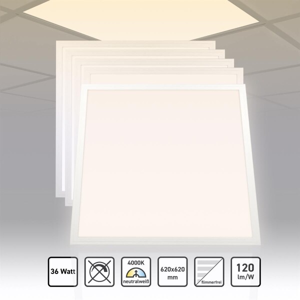 5x LED Panel 62x62 neutralweiß 4000K 36W 4320lm Einbauleuchte PMMA Treiber