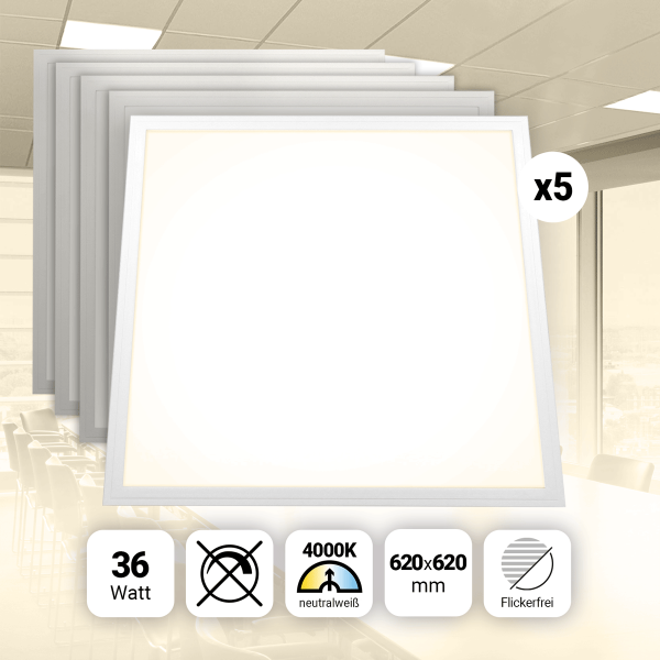 5x LED Panel 62x62 Neutralweiß 4000K 36W 4320lm Slim Alu PLs3.0