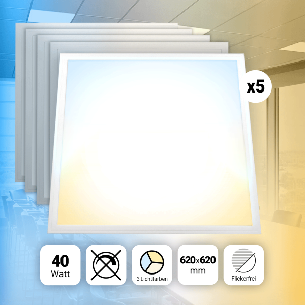 5x LED Panel 62x62 3CCT 3000K-4000K-6000K 40W 4000lm Slim Alu PLs3.0