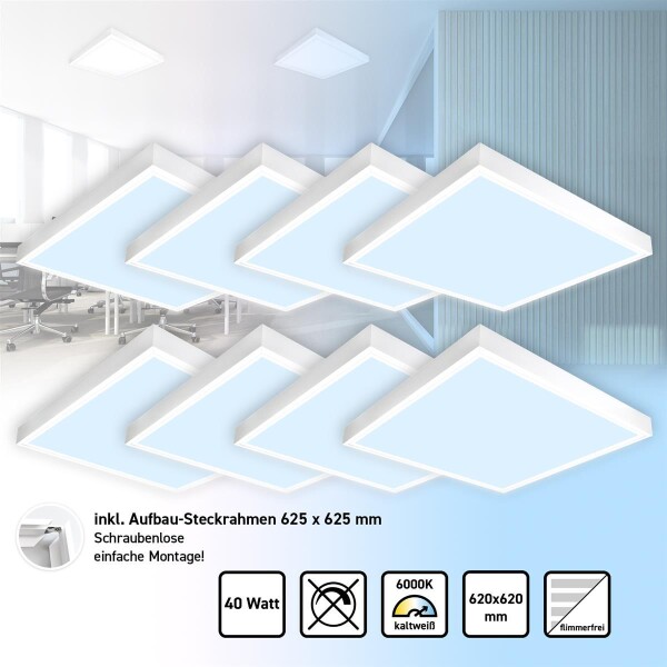 8x LED Panel 62x62 Tageslichtweiß 6000K 40W Steck-Aufbaurahmen PLe2.2