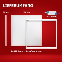 8x LED Panel 62x62 Tageslichtweiß 6000K 40W Steck-Aufbaurahmen PLe2.2