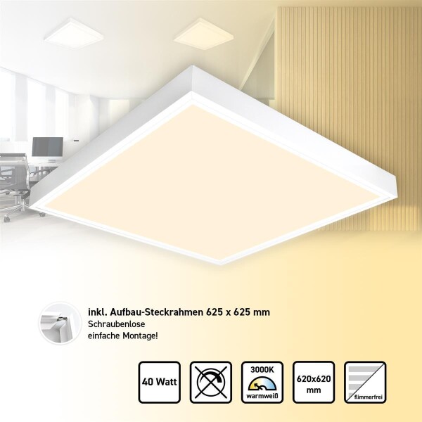 LED Panel 62x62 cm Warmweiß 3000K 40W Steck-Aufbaurahmen Alu Weiß PLe2.2