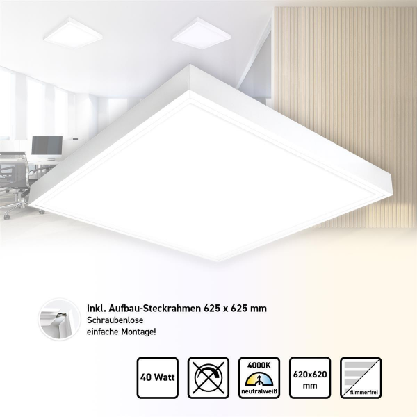 LED Panel 62 x 62 cm Neutralweiß 4000K 40W flickerfrei Steck-Aufbaurahmen PLe2.2