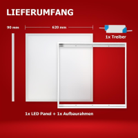 LED Panel 62x62 cm Neutralweiß 4000K 40W Aufbaurahmen 3400lm Alu PLe2.2