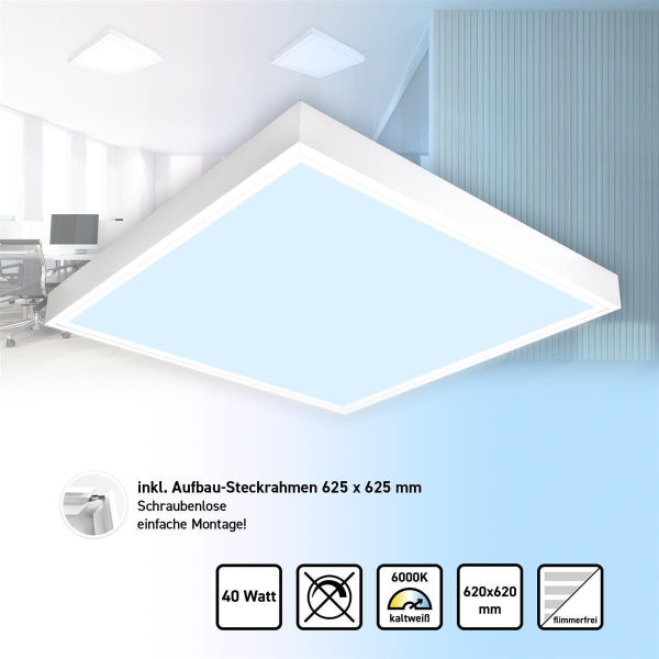 LED Panel 62x62 Tageslichtweiß 6000K Steck-Aufbaurahmen Alu weiß PLe2.2
