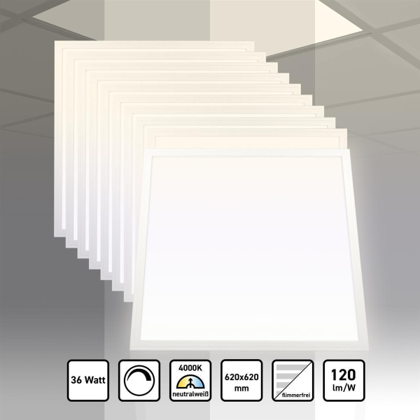 10x LED Panel 62x62 Neutralweiß 4000K dimmbar 0-10V 4320lm 36W Slim Alu PLs3.0