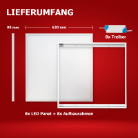 8x LED Panel 60x60 Tageslichtweiß 6000K 40W Steck-Aufbaurahmen PLe2.2