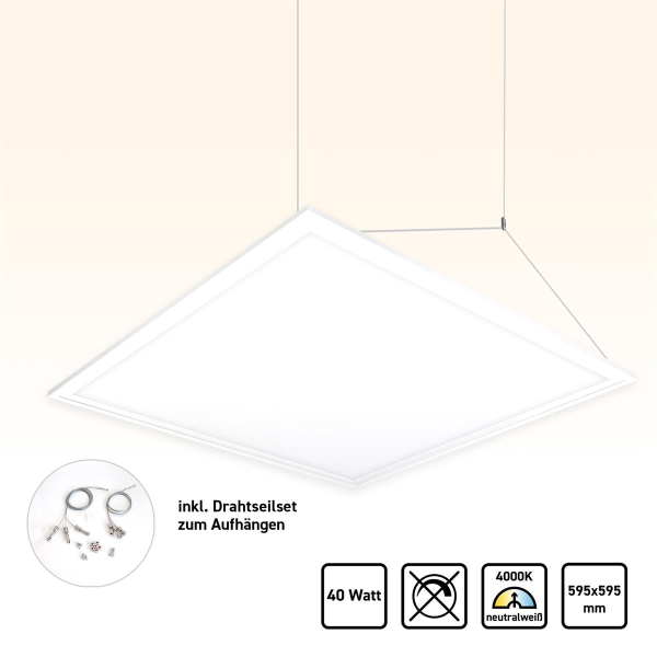 LED Panel 60x60cm Neutralweiß 4000K 40W Drahtseil Aufhängung PLe2.2