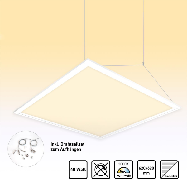 LED Panel 62x62 Warmweiß 3000K 40W Drahtseilaufhängung PLe2.2