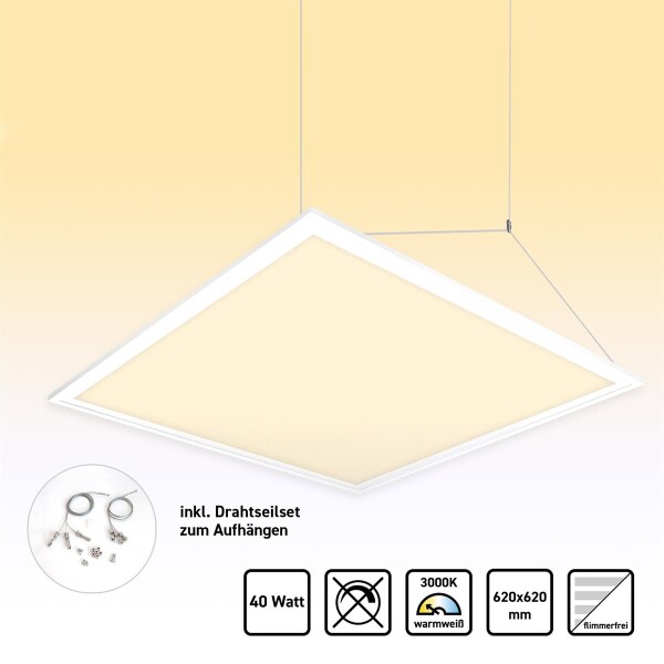 LED Panel 62x62 Warmweiß 3000K 40W mit Drahtseilset PLe2.2