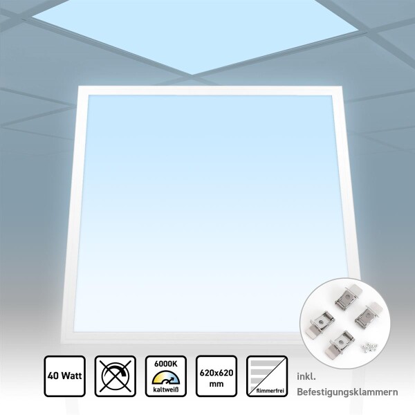 LED Panel 62x62 Tageslichtweiß 6000K 40W mit Befestigungsklammern PLe2.2