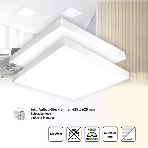 2x LED Panel 62x62 Neutralweiß 4000K 40W mit Steck-Aufbaurahmen PLe2.2