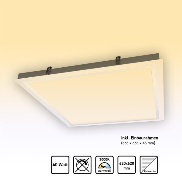 LED Panel 62x62 Warmweiß 3000K 40W Steck Einbaurahmen Alu Weiß Ple2.2