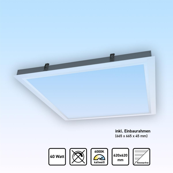 LED Panel 62x62 6000K Kaltweiß Steck-Einbaurahmen Deckeneinbau 40W PMMA PLe2.2