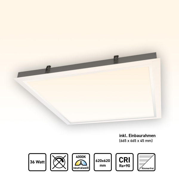 LED Panel 62x62 Neutralweiß 4000K 40W Steck-Einbaurahmen CRI90 Hohe Farbwiedergabe PLs3.0