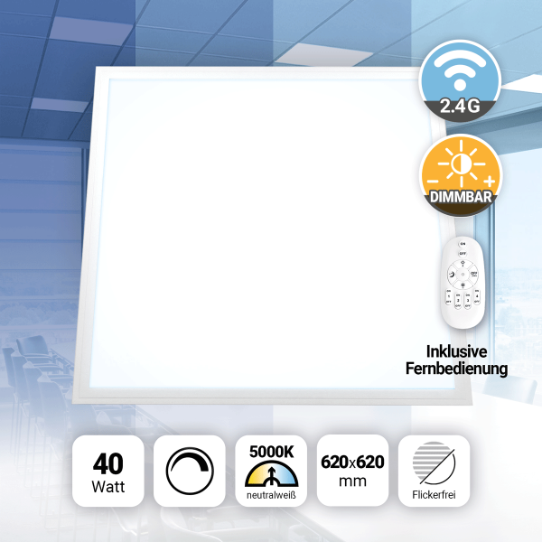 LED Panel 62x62 Neutralweiß 5000K 40W dimmbar Fernbedienung Slim Alu PLe2.2