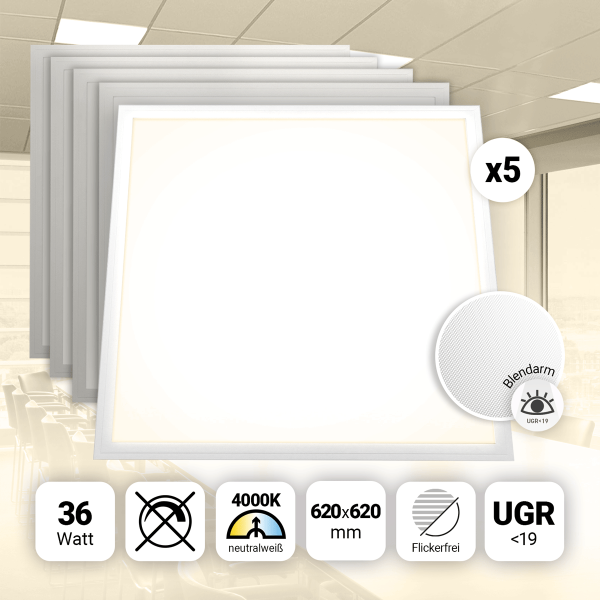 5x LED Panel 62x62 Neutralweiß 4000K 36W UGR<19 blendarm Slim Alu PLs3.0