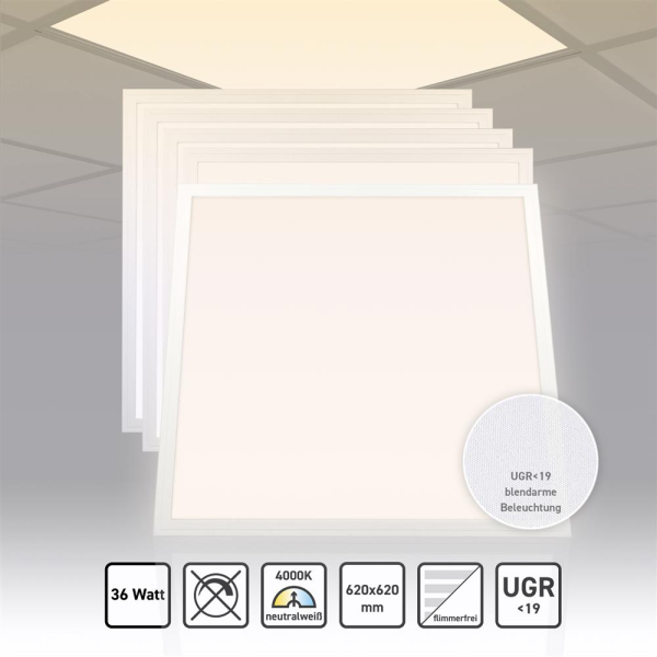 5x LED Panel 62x62 Neutralweiß 4000K 36W UGR<19 blendarm Slim Alu PLs3.0