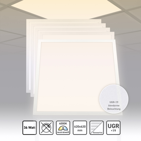 5x LED Panel 62x62 Neutralweiß 4000K 36W UGR<19 PLs3.0