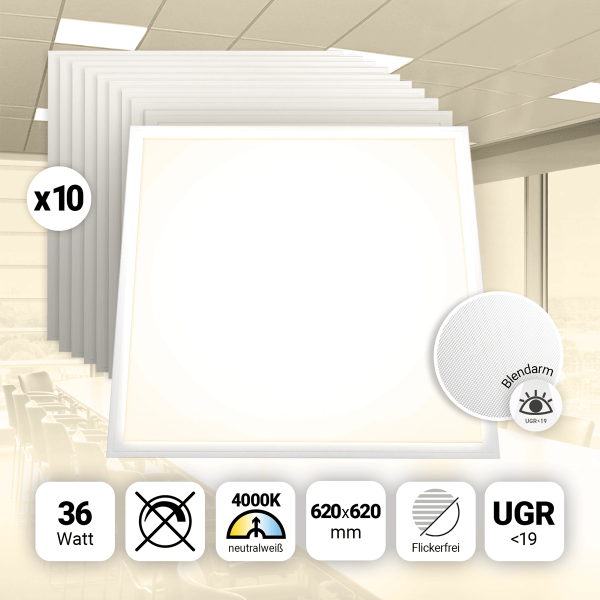 10x LED Panel 62x62 Neutralweiß 4000K 36W UGR<19 blendarm Slim Alu PLs3.0