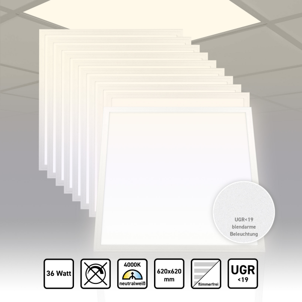 10x LED Panel 62x62 Neutralweiß 4000K 36W UGR<19 PLs3.0