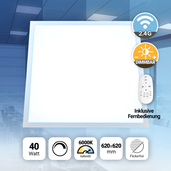 LED Panel 62x62 Tageslichtweiß 6000K 40W dimmbar Fernbedienung Slim Alu PLe2.2