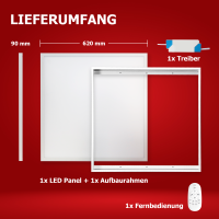 LED Panel 62x62 Neutralweiß 5000K 40W dimmbar Fernbedienung Steck-Aufbaurahmen PLe2.2
